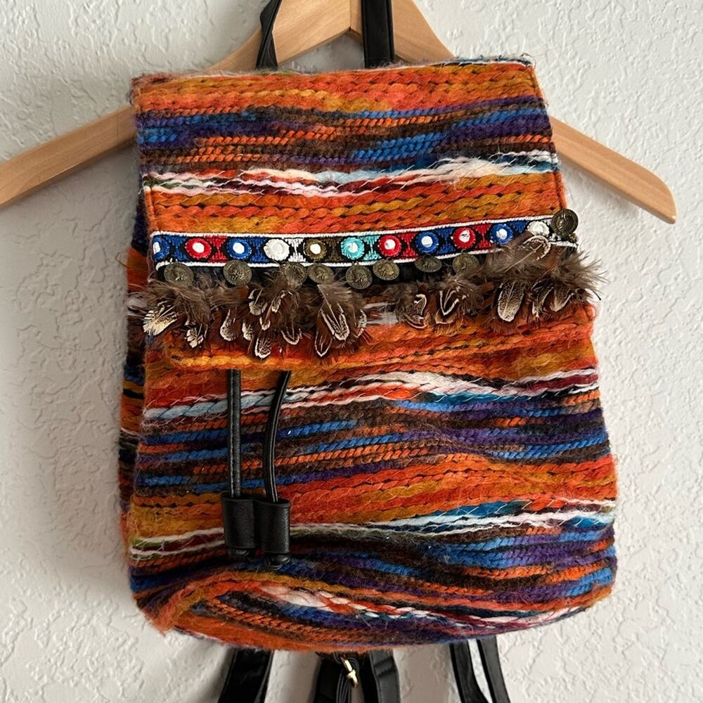 Southwestern Rug Backpack 13x11 Feathers Coins Embroidered Boho Western